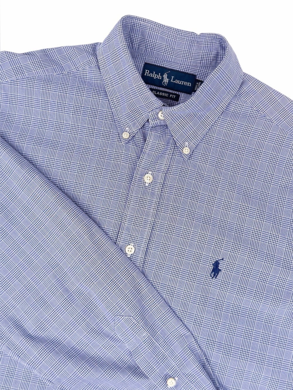 Ralph Lauren Men’s 15.5 M Classic Fit Glen Check Button Down Shirt Blue White